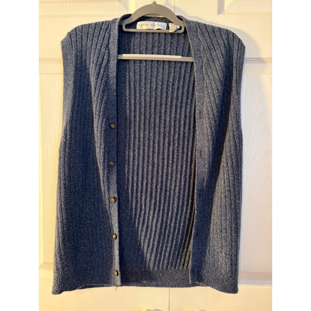Henry Grethel Mens Blue Ribbed Knit Button Front Wool Blend Sweater Vest Large